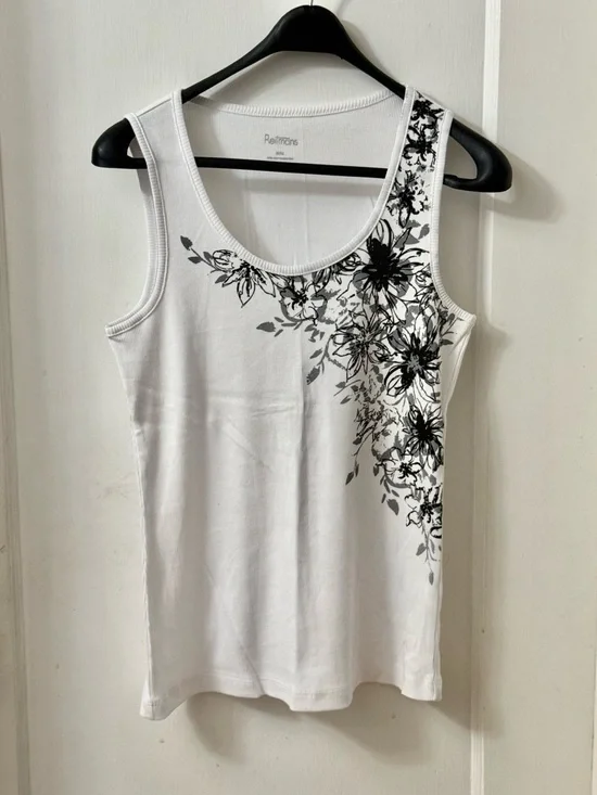 WHITE RIBBED COTTON TANK WITH FLORAL PATTERN - Picture 1 of 8